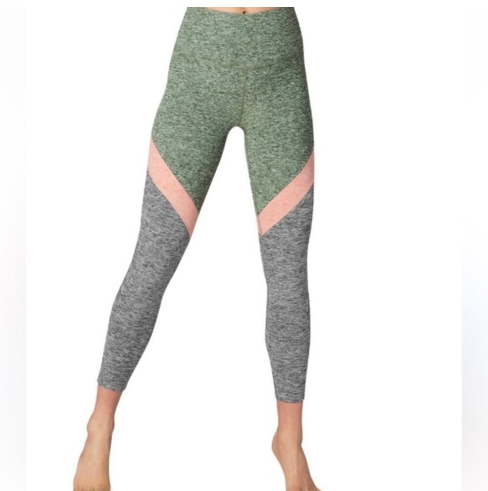 Beyond Yoga Spacedye Tri-Panel Green/Pink/Gray High Waist Leggings Size XS *EUC